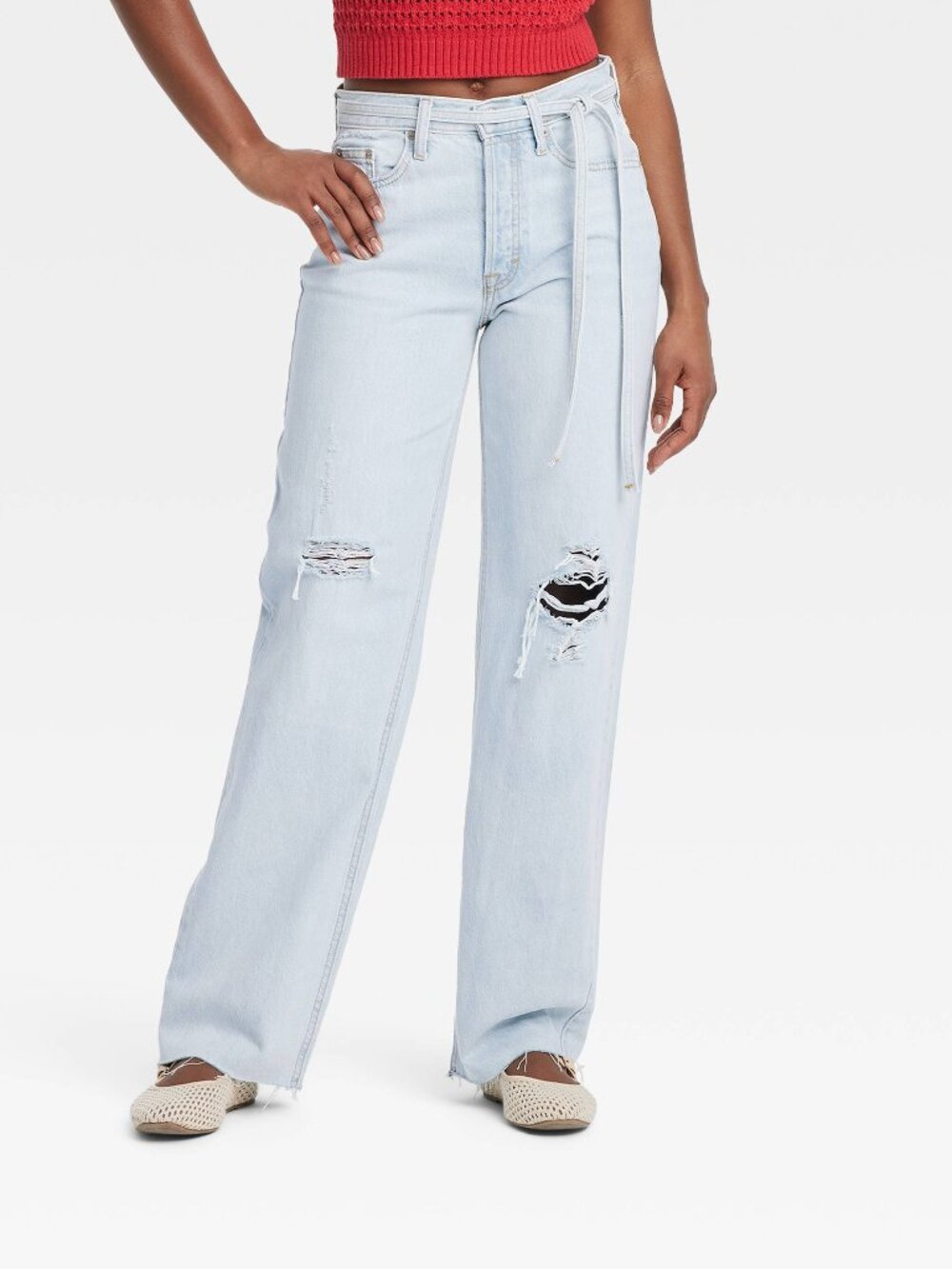 NWT Women's Universal Thread Size 4 Mid-Rise Tie-Waist Drawstring Baggy Jeans